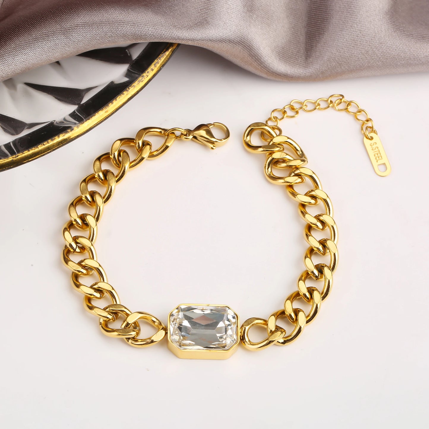 Personalized Rectangle Colorful Crystal Six-Sided Polished Cuban Chain Necklace Bracelet Set For Woman Stainless Steel Jewelry