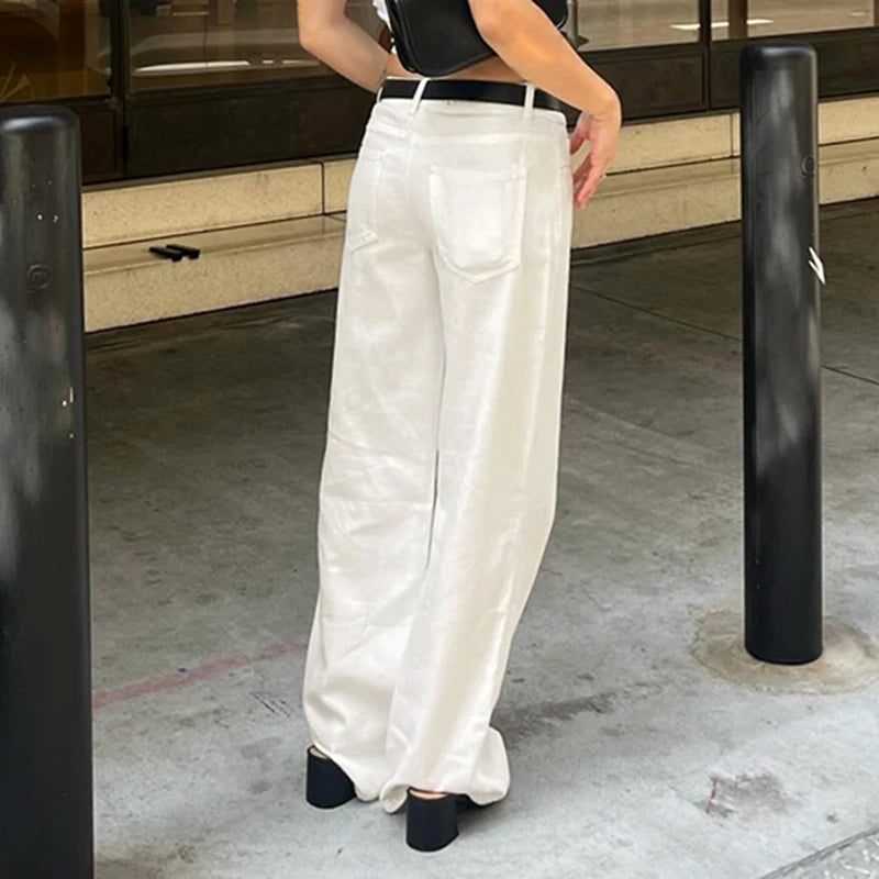 SUCHCUTE White Straight Leg Jeans for Women Casual Low Waisted Slim Denim Pants Fashion All-Match Trousers Streetwear Bottoms