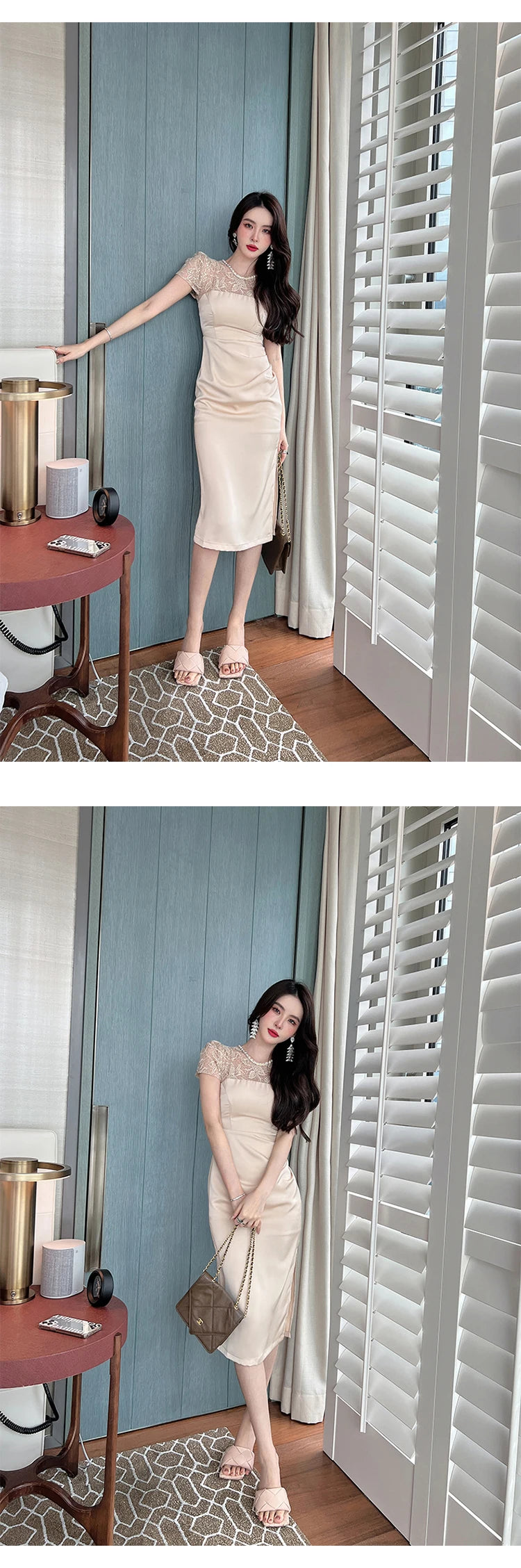 Summer Women Midi Dress Elegant Sheer Lace Satin Panel Shiny Diamond Sequins Pleated Slit Slim Lady Outfit Party Office Vestido