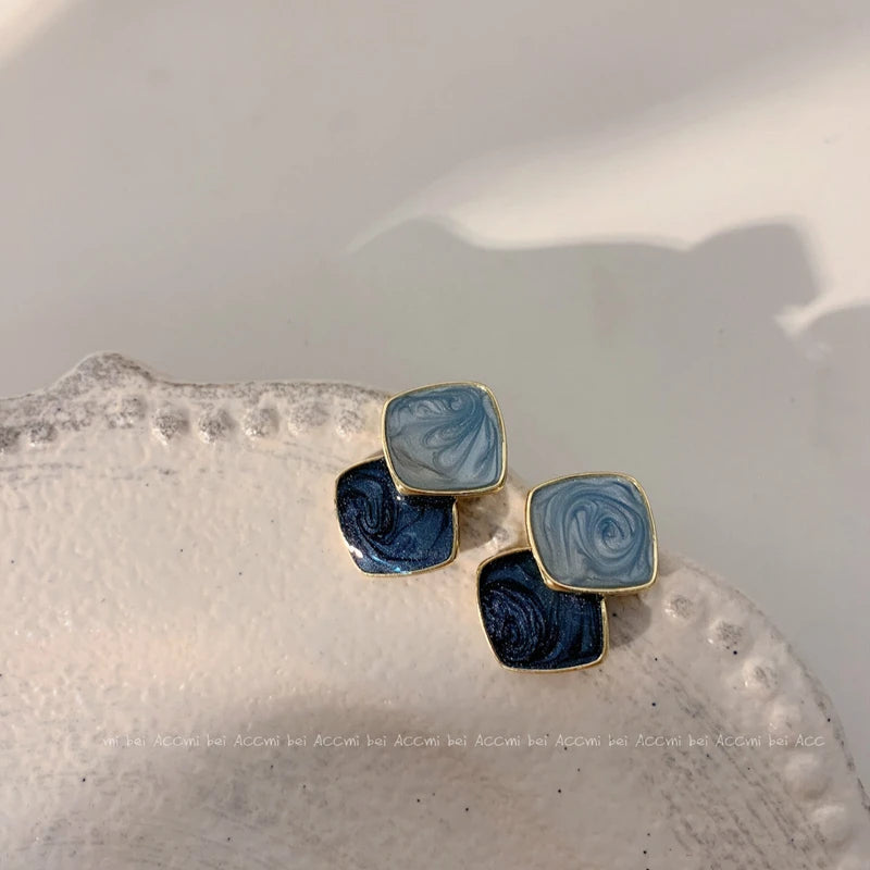 Royal Blue Series Stud Earrings Collection Heart Bowknot Circle Square Geometric Klein Blue Crystal Earrings Women Jewelry