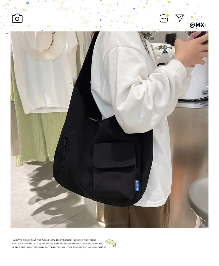 Japanese Casual Shoulder Bag Women Pure Color Large Capacity Handbags and Purses Student Book Bag Tote Bag Nylon Bag Bolso Mujer