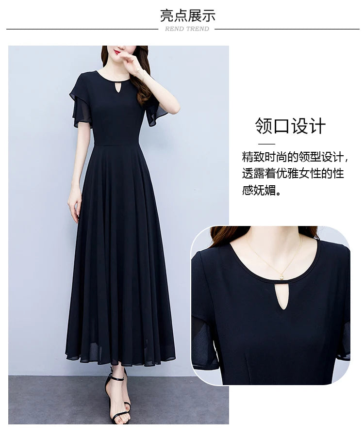 2024 Black Chic Ruffled Short Sleeve Midi Vestidos Women Vintage Hepburn Prom Long Robe Summer Solid Elegant Bodycon Party Dress