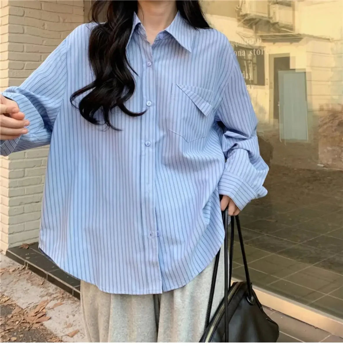 korean fashion Shirts for Women Loose Versatile Long Sleeves Blouse Pocket Casual Spring New Blue Striped Women's Shirt