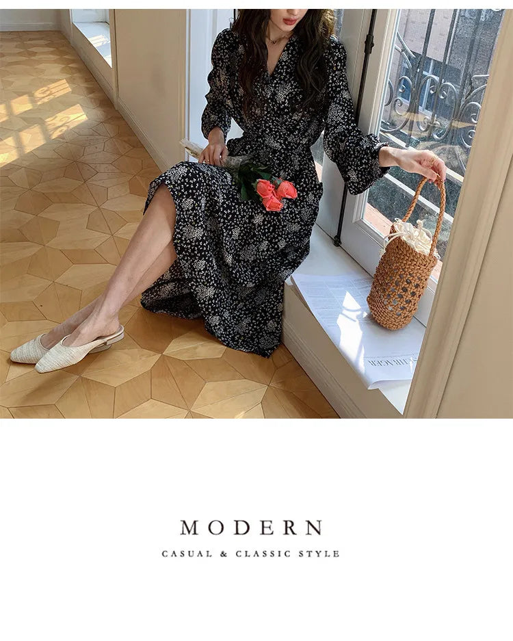 ARTKA 2023 Spring New Women Dress Elegant Loose Puff Sleeve Prints Dresses V-Neck High Waist A-Line Chiffon Long Dress A22LA055C