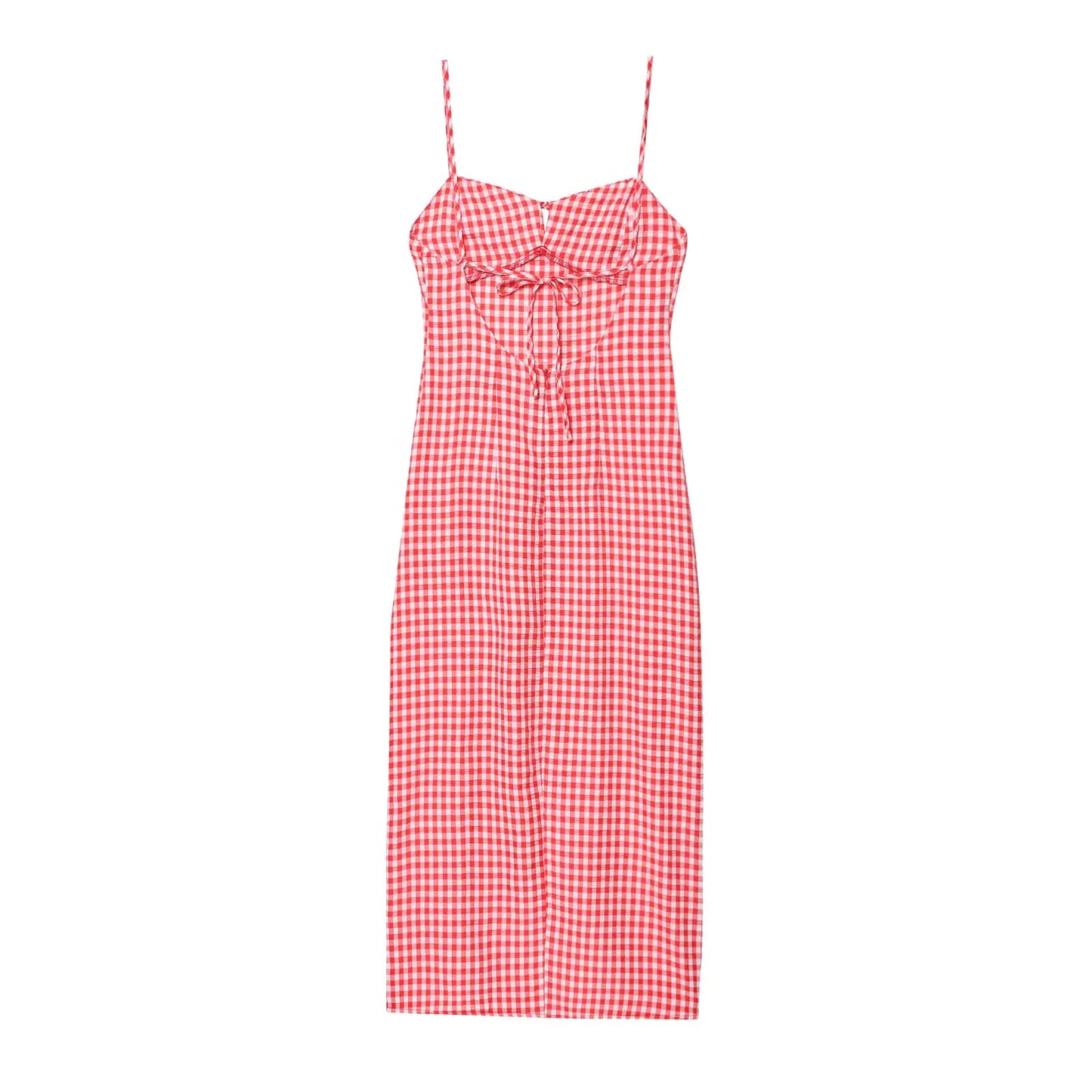 Summer 2025 Slit Backless MIDI Dress Grid Point Print Sexy V-Neck Charming Woman Clothing with High Thigh Split