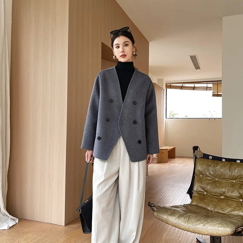 100% women's wool coat, double-sided, warm, high-end, loose, Korean style, short, 2024 autumn and winter new coat