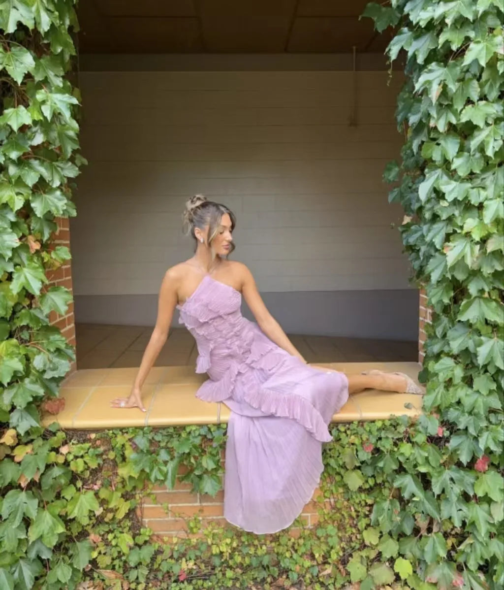 Purple Ruffle Irregular Maxi Dress for Women Sexy Halter Backless Party Dresses Summer Fashion Chiffon Holiday Fairy Dress 2025