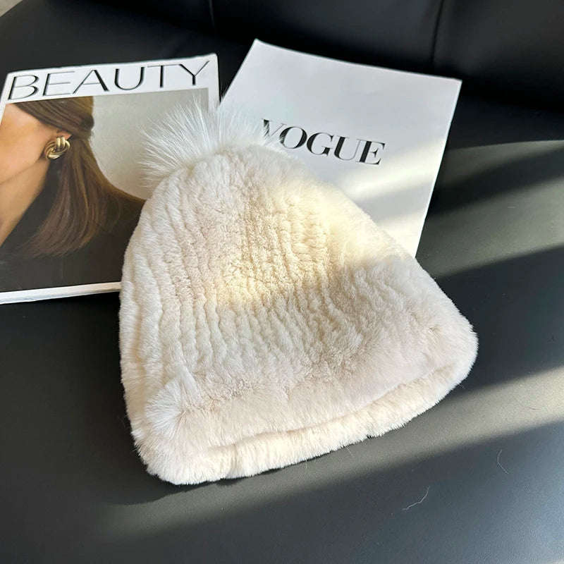 Real Rex Rabbit Fur Hat For Women Winter Thickened Fur Hat Warm Ear Protection Hat Hand Knitted Fur Hat Outdoor Natural Fur Hats