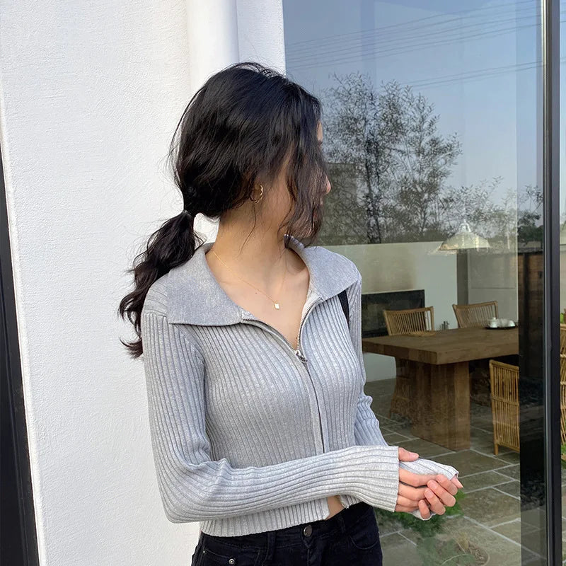 Elegant Korean Knitted Sweater Sexy Lapel Zipper Up Cardigan Women Vintage Harajuku Slim Coat Casual Ribbed Knit Cropped Tops