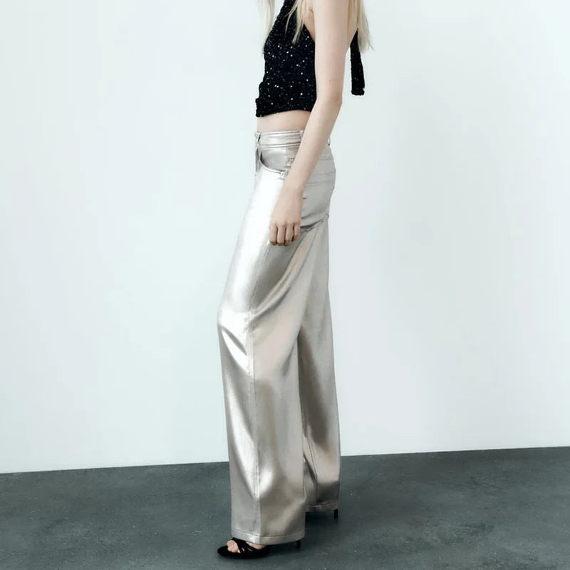 2024 Women Autumn Silver Wide Leg Fleece Pants Vintage High Waist Office Lady PU Female Trousers Women's Clothing Free Shipping