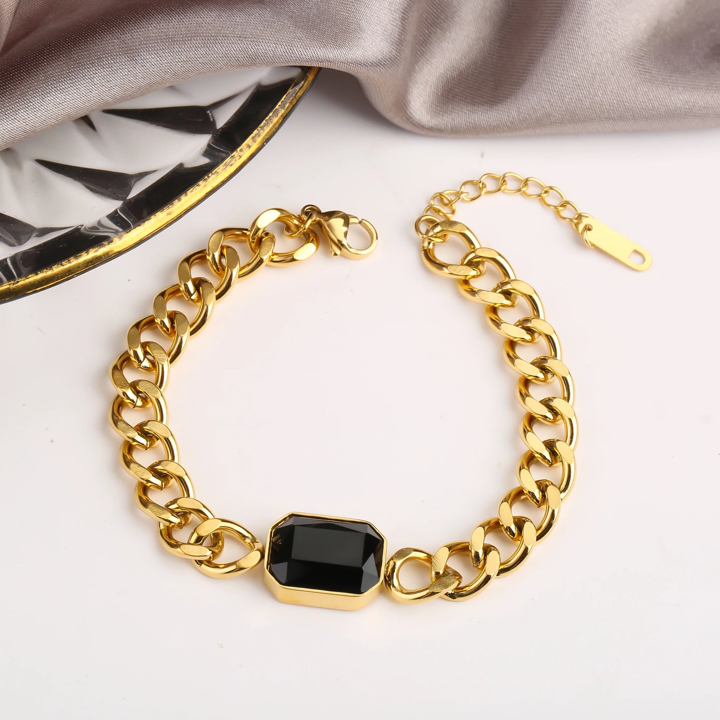 Personalized Rectangle Colorful Crystal Six-Sided Polished Cuban Chain Necklace Bracelet Set For Woman Stainless Steel Jewelry