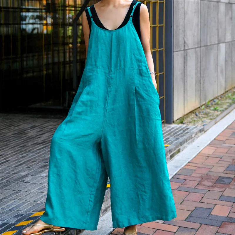 Women's Cotton and Linen Wide leg Jumpsuit Bf Casual Trousers Skirt Strappy Hemp Sling One Piece Pants