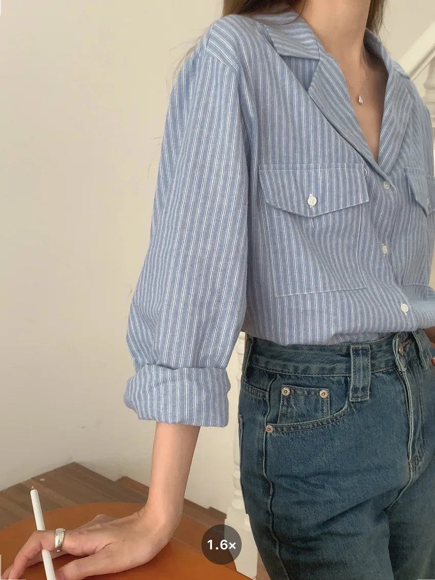 Chic Autumnal Vintage Loose Fit Long Sve Blue Striped irt Women's Faion Versatile Double ket Suit Collar Outfit