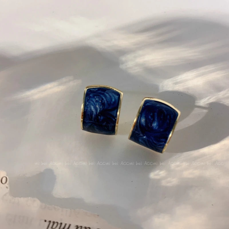 Royal Blue Series Stud Earrings Collection Heart Bowknot Circle Square Geometric Klein Blue Crystal Earrings Women Jewelry