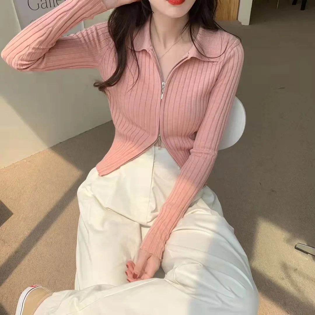 Elegant Korean Knitted Sweater Sexy Lapel Zipper Up Cardigan Women Vintage Harajuku Slim Coat Casual Ribbed Knit Cropped Tops