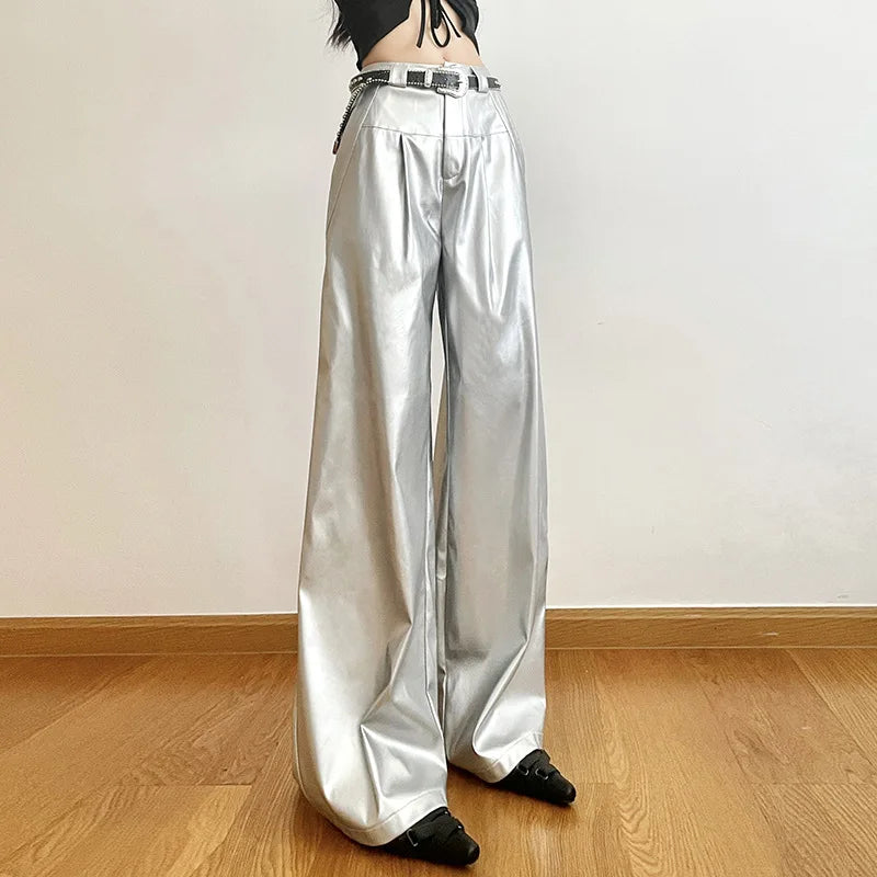 Silver Retro Matte Trendy Personalized All-match Casual High Street Cool Confident Casual Women's Autumn Wide Leg Pants