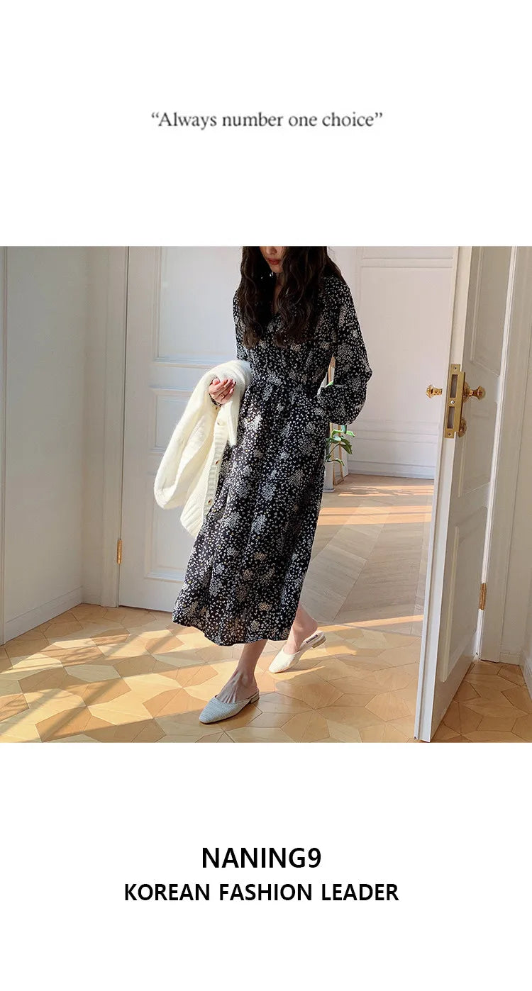 ARTKA 2023 Spring New Women Dress Elegant Loose Puff Sleeve Prints Dresses V-Neck High Waist A-Line Chiffon Long Dress A22LA055C