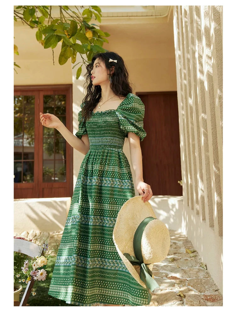 ARTKA 2023 Summer New Women Dress Vintage Print Green Square Collar Dresses Short Puff Sleeve A-line Long Dress Female LA92038X