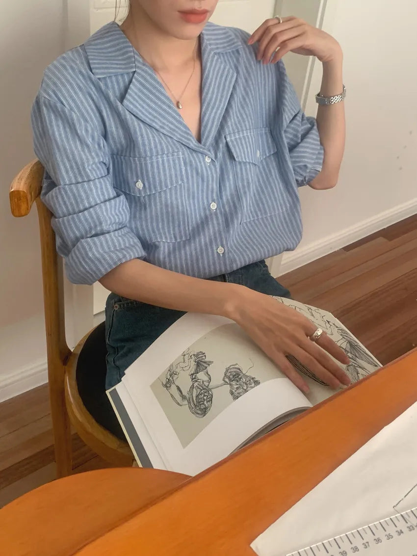 Chic Autumnal Vintage Loose Fit Long Sve Blue Striped irt Women's Faion Versatile Double ket Suit Collar Outfit