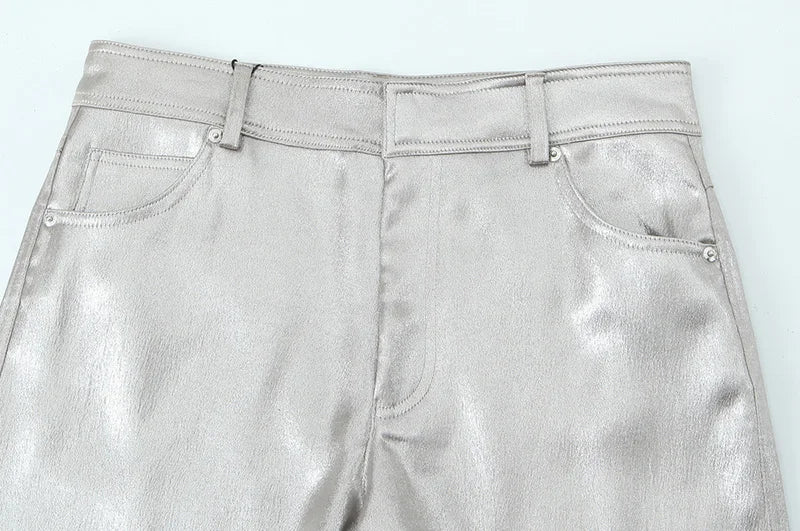 2024 Women Autumn Silver Wide Leg Fleece Pants Vintage High Waist Office Lady PU Female Trousers Women's Clothing Free Shipping