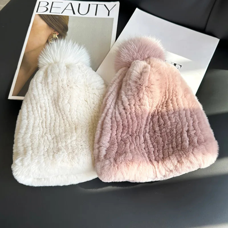 Real Rex Rabbit Fur Hat For Women Winter Thickened Fur Hat Warm Ear Protection Hat Hand Knitted Fur Hat Outdoor Natural Fur Hats