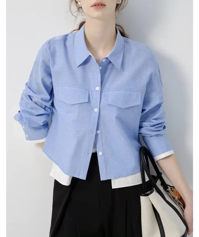 Blue Long Sleeve Women's Shirt Short Style College Style Fake Two-Piece Spring Autumn New Arrival Polo Collar Button up Top