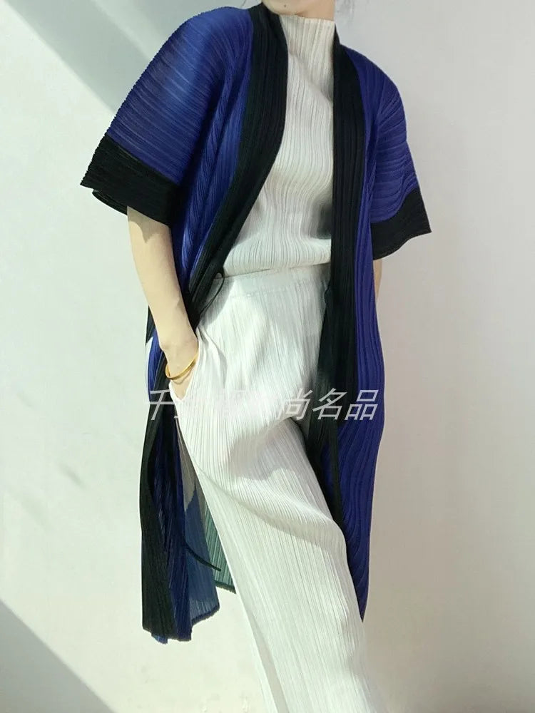 Women Printed Trench Miyake Pleated Fashion Printed Loose Plus Size Japan Style Belt Female Long Coats Tide