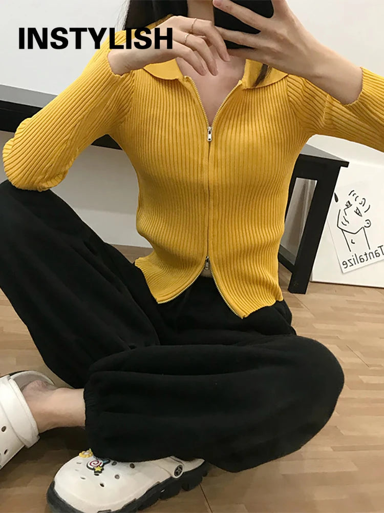 Elegant Korean Knitted Sweater Sexy Lapel Zipper Up Cardigan Women Vintage Harajuku Slim Coat Casual Ribbed Knit Cropped Tops