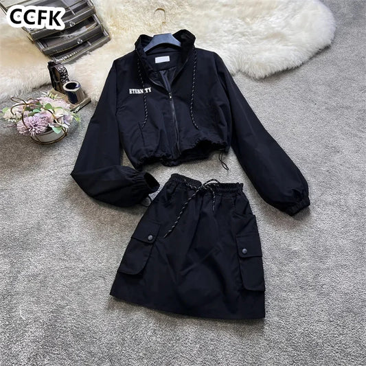Techwear Grunge Aesthetic Skirt Set Emo Egirl Clothes Black Sporty Women Vintage Gothic Hoodies Cargo Skirts Y2k 2023 Autumn New