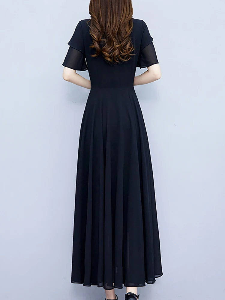 2024 Black Chic Ruffled Short Sleeve Midi Vestidos Women Vintage Hepburn Prom Long Robe Summer Solid Elegant Bodycon Party Dress