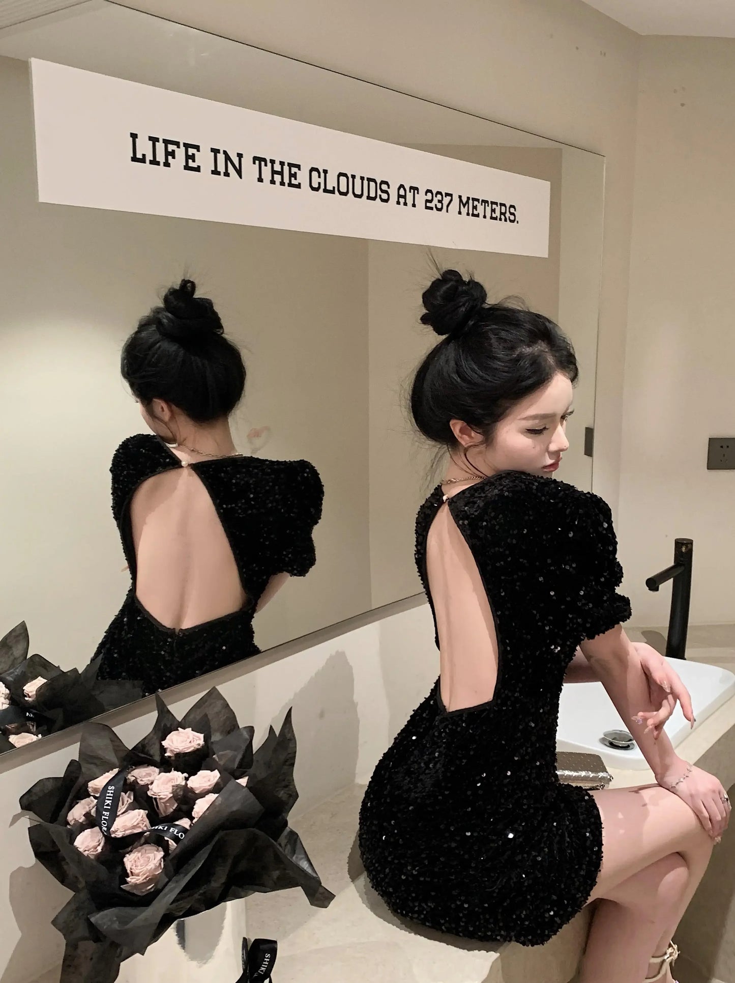 Korejpaa Sexy Dress Women Korean Style Backless Black Dresses Spring Summer Sequin Short Sleeve Slim Waist Vestidos Femme