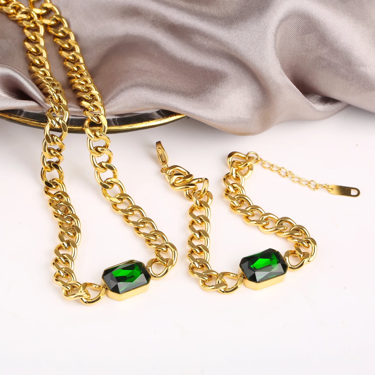 Personalized Rectangle Colorful Crystal Six-Sided Polished Cuban Chain Necklace Bracelet Set For Woman Stainless Steel Jewelry