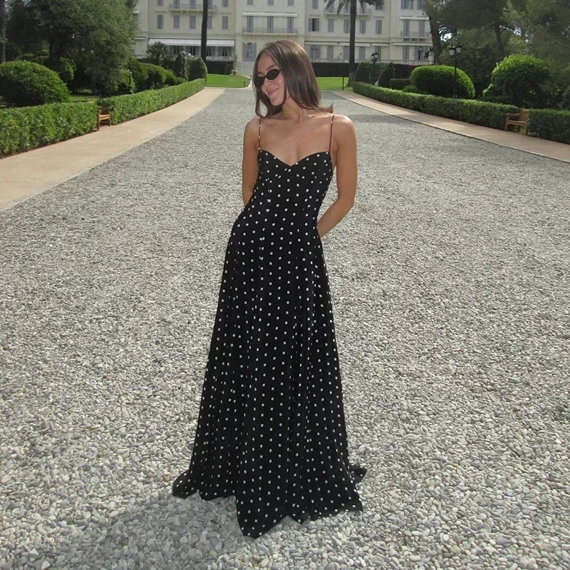 Dot Print Long Slip Dress Women Spring Summer V-neck Sleeveless Backless A-line Dresses Female Party Vintage Robes Lady Holiday