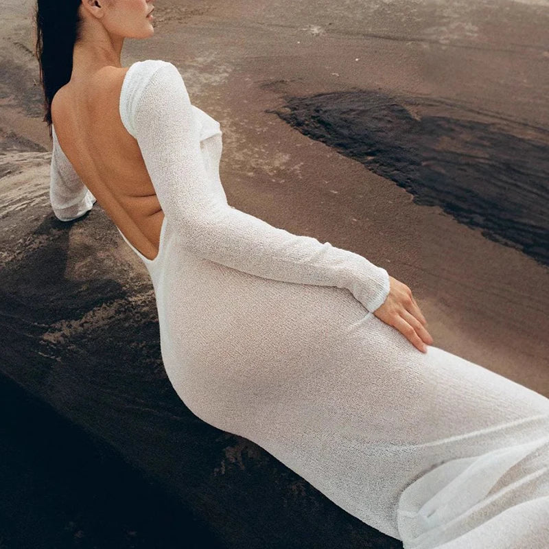 Perspective Sexy Backless Hollow Long Dress 2025 Spring Long Sleeve Knitted Beachwear Dresses Summer O Neck Solid Cover Up Dress