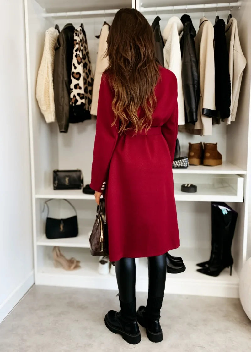 Women's Woolen Coat Autumn Winter Vintage Elegant Double Breasted Trench Coat Women Brown Long Sleeved Midi Windbreaker Jacket