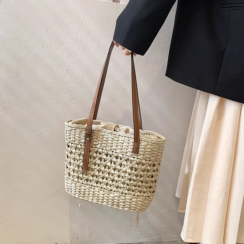 Summer Woven Straw Bucket Bag For Women Travel Beach Bags Large Capacity Armpit Bags Bohemia Knitted Shopping Totes Bolsa sac
