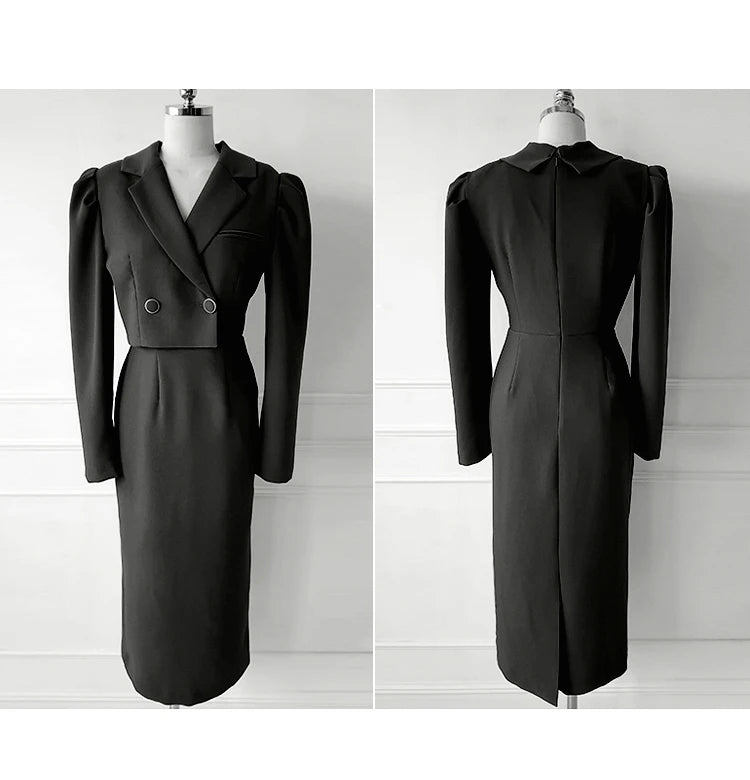 H Han Queen New Fake 2 Pieces Women's Simple Vintage Dress Office Sheath Pencil Dress Elegant Slim Casual Party Vestidos Autumn