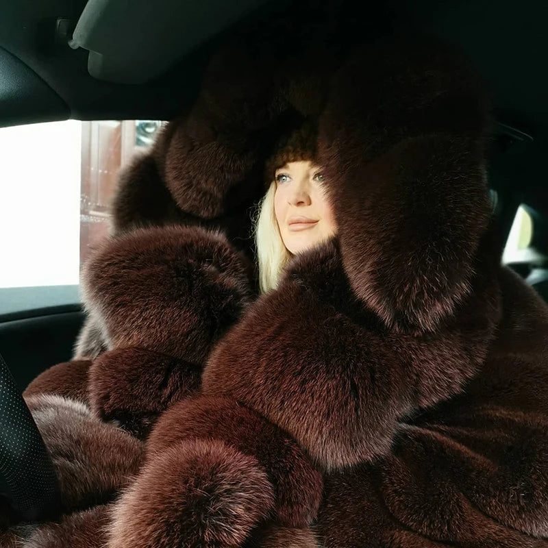 Genuine Full Pelt Fox Fur Jacket Women Winter Vintage Wine Red Hooded Straight Outertwear Luxury Real Fox Fur Coats Female