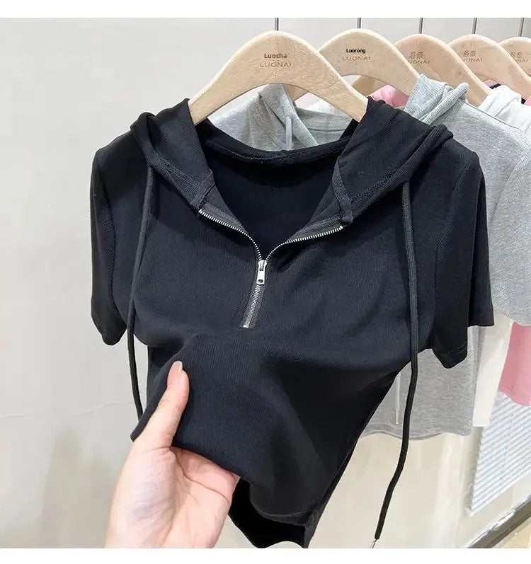 Hoodedslims Women's Double Zip Short Sleeve T-Shirt Cropped Top Sensible Design Polyester Fiber Summer 2025 New Arrival Jacket