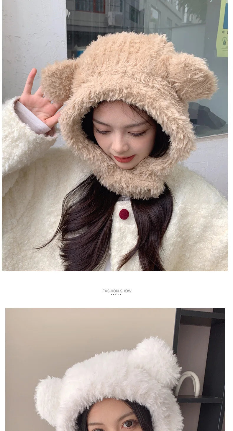 Plush bear ear hat woman winter thick cold lovely windproof neck protector scarf neck integrated hat