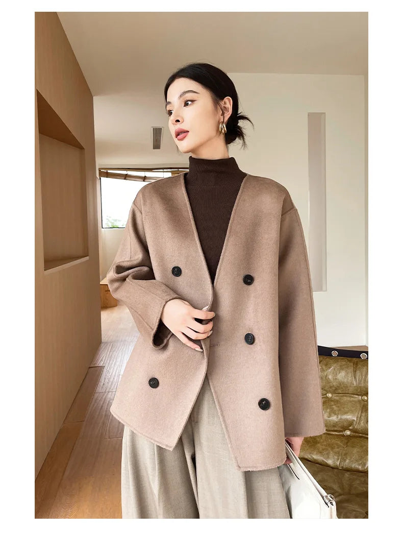 100% women's wool coat, double-sided, warm, high-end, loose, Korean style, short, 2024 autumn and winter new coat
