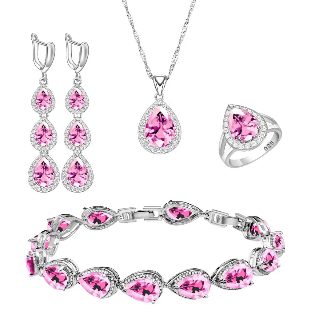 Wedding Bride Silver 925 Jewelry Sets Women White Topaz Long Earrings Bracelet Necklace Rings Luxury Fashion Set Dropshipping