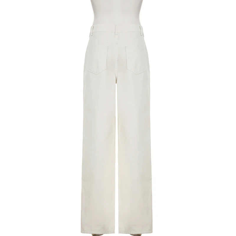 SUCHCUTE White Straight Leg Jeans for Women Casual Low Waisted Slim Denim Pants Fashion All-Match Trousers Streetwear Bottoms