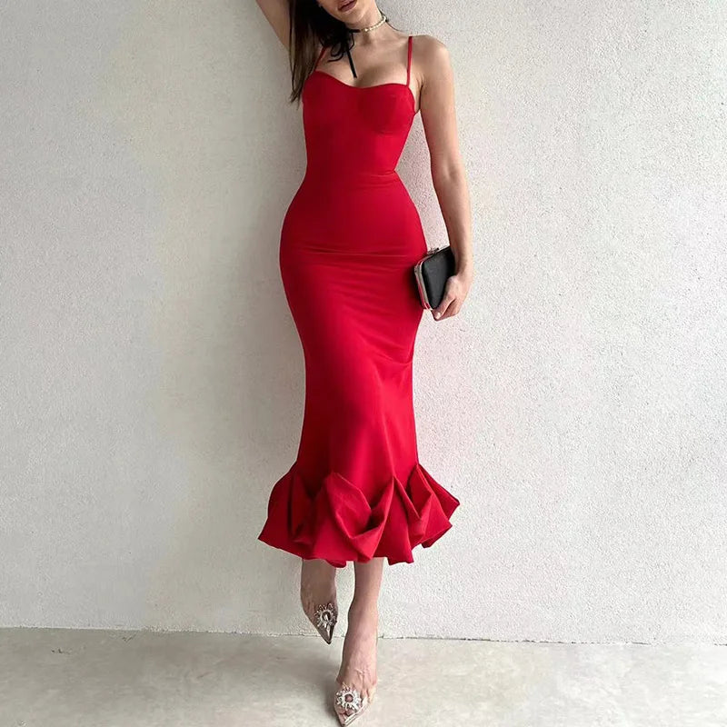 Fashion 2023 Women Ruffle Dresses Elegant Bodycon Off Shoulder Formal Dress Chic Ladies Backless Sleeveless Solid Long Dress
