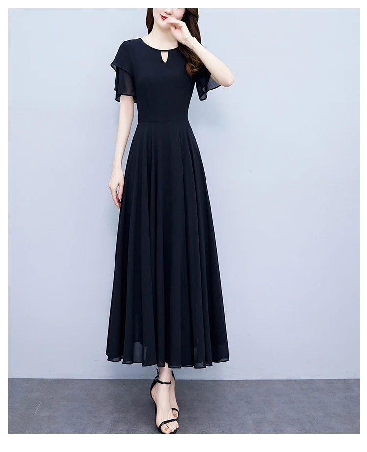 2024 Black Chic Ruffled Short Sleeve Midi Vestidos Women Vintage Hepburn Prom Long Robe Summer Solid Elegant Bodycon Party Dress