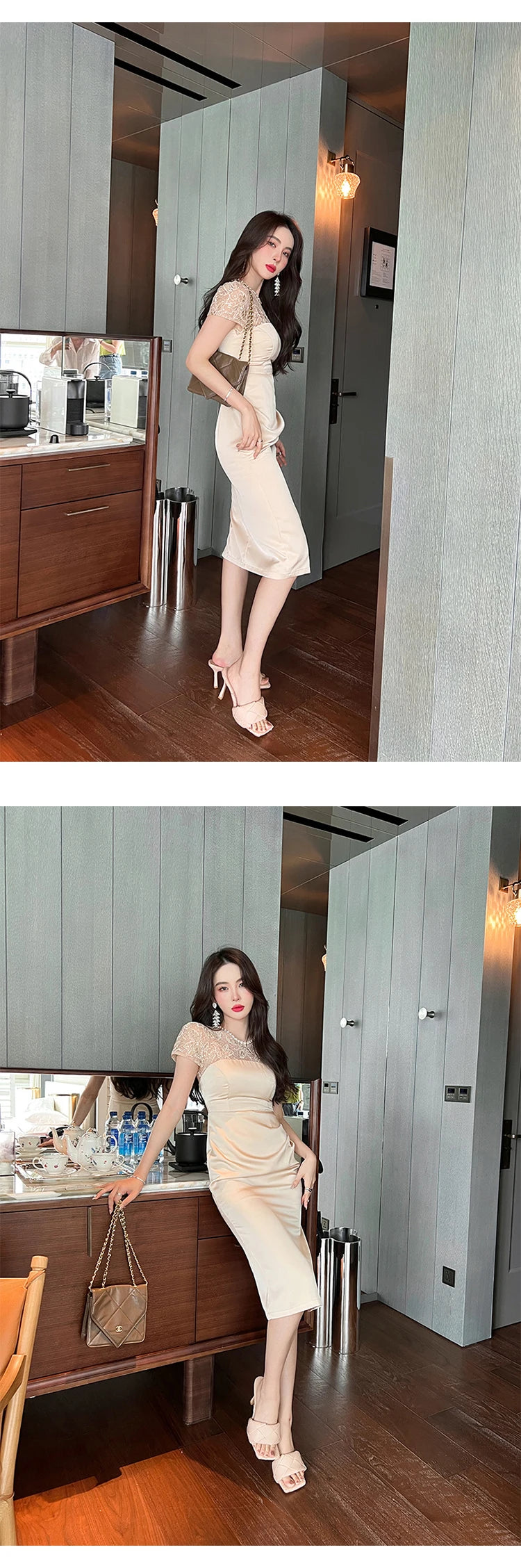 Summer Women Midi Dress Elegant Sheer Lace Satin Panel Shiny Diamond Sequins Pleated Slit Slim Lady Outfit Party Office Vestido