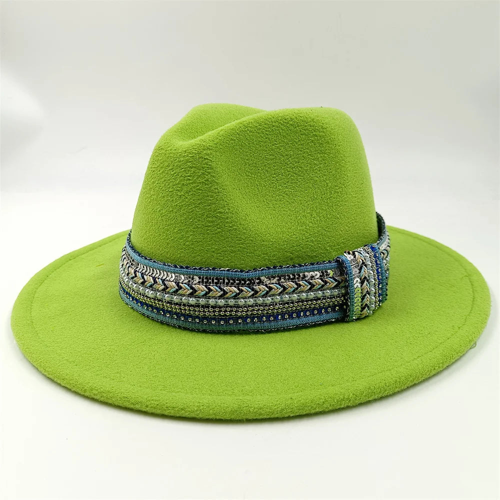 Blue Fedora Hat Pearl Rhinestone Design for Men and Women Panama Church Cap Fashionable Elegant Vintage Felt Hat fedoras