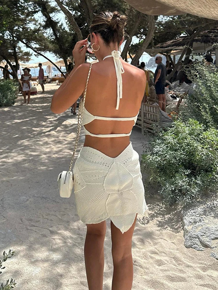 Hollow Out Halter Women Dress Sexy Backless Solid Mini Beach Dress Knitted Irregelar Petaling Short Dresses Female Slim Dress