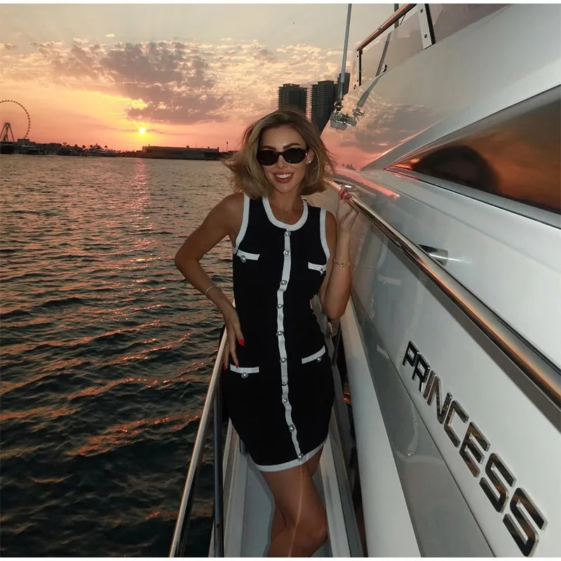 Women Sexy Black Knit Short Pants Suit Elegant Sleeveless Double Pockets Single Breasted Buckle Top 2-piece Set 2025 New Outfits