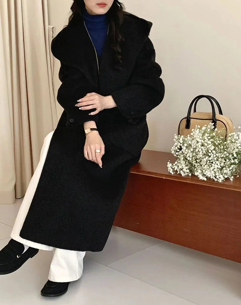 Wool Beige Pocket Belted Long Woolen Coat New Hooded Long Sleeve Women Jacket Fashion Tide Autumn Winter 2025 New